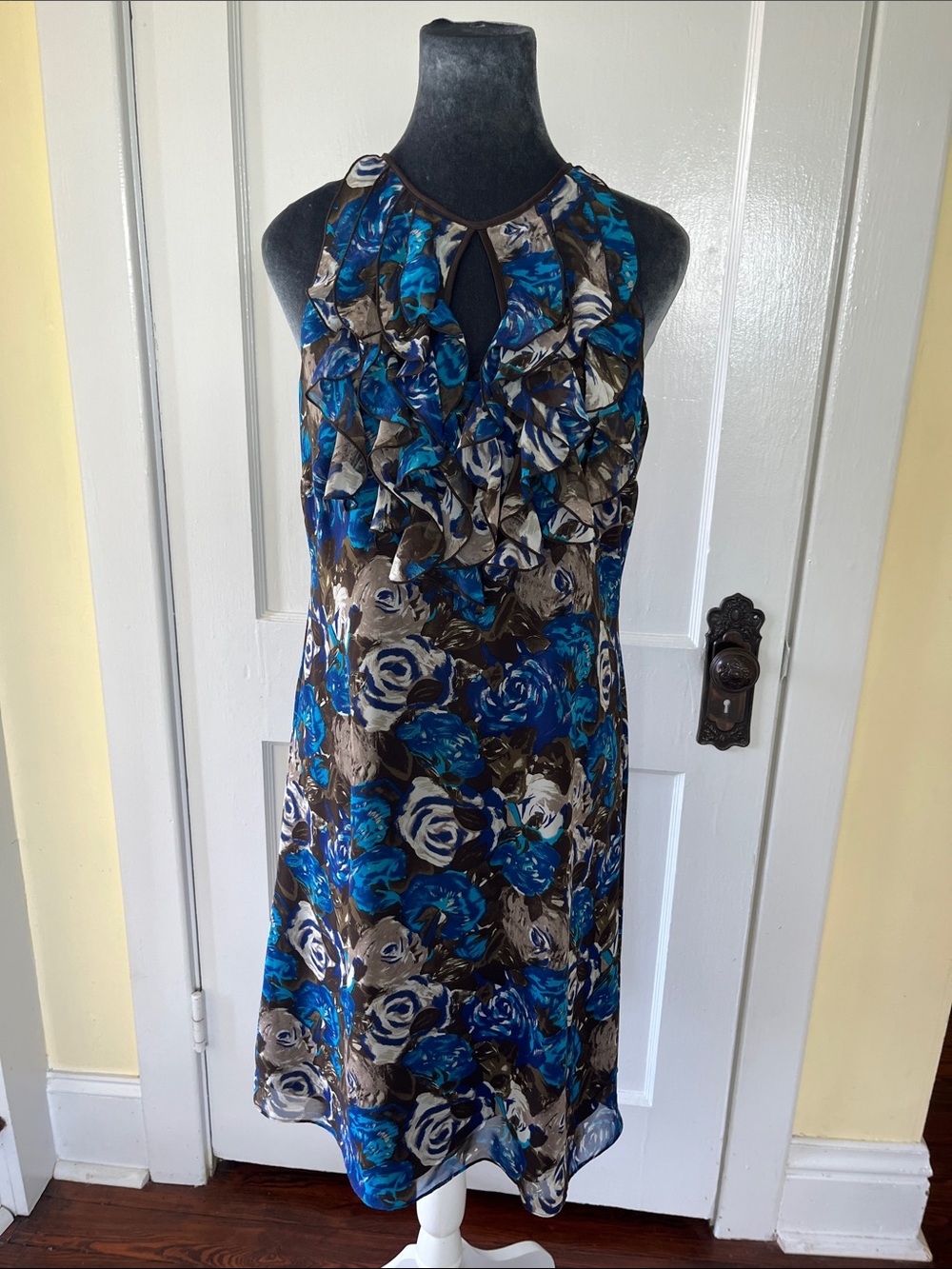 Ann Taylor Blue and Gray Floral Ruffle Halter Midi Dress